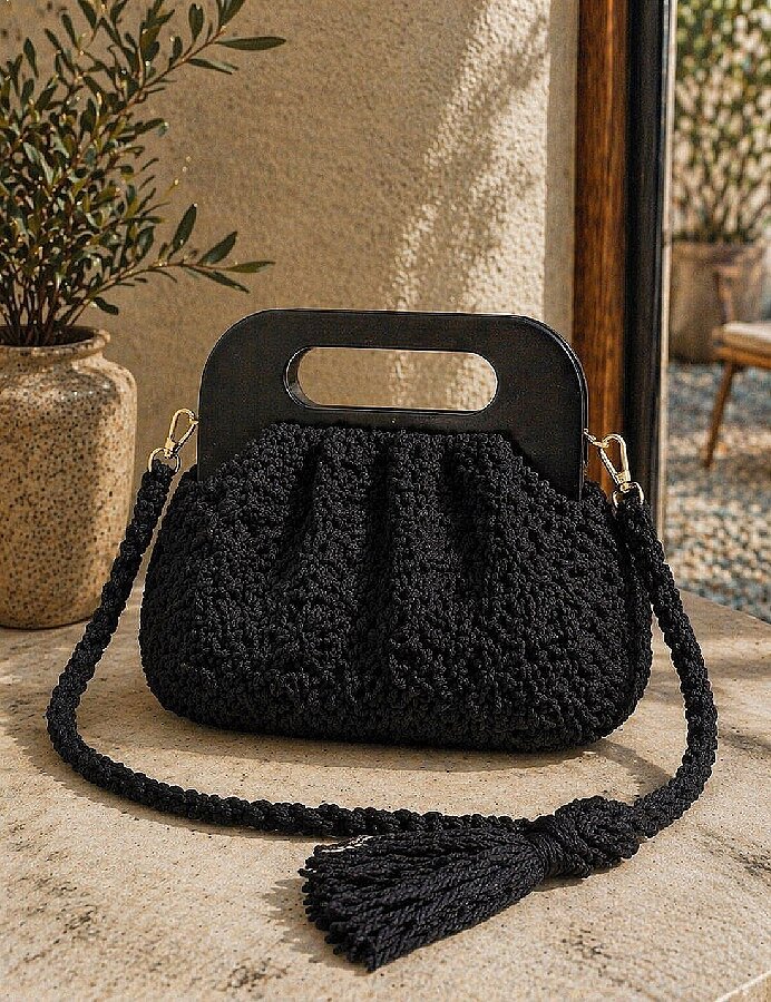GORA,20 CM AHŞAP ÇANTA BURSU E MODEL SİYAH - 3