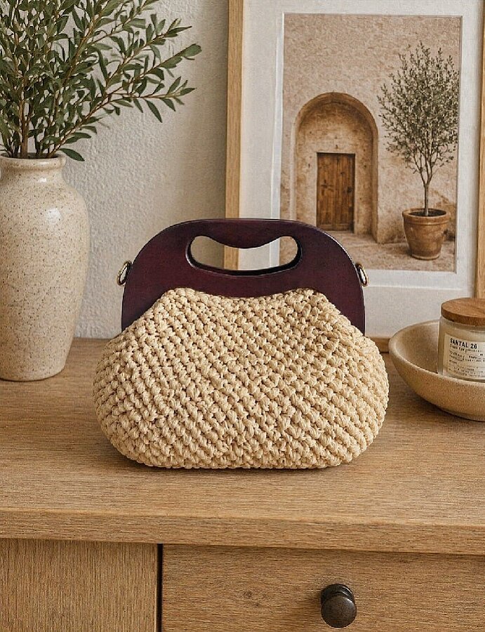 GORA,22 CM AHŞAP ÇANTA BURSU KAHVE - 3