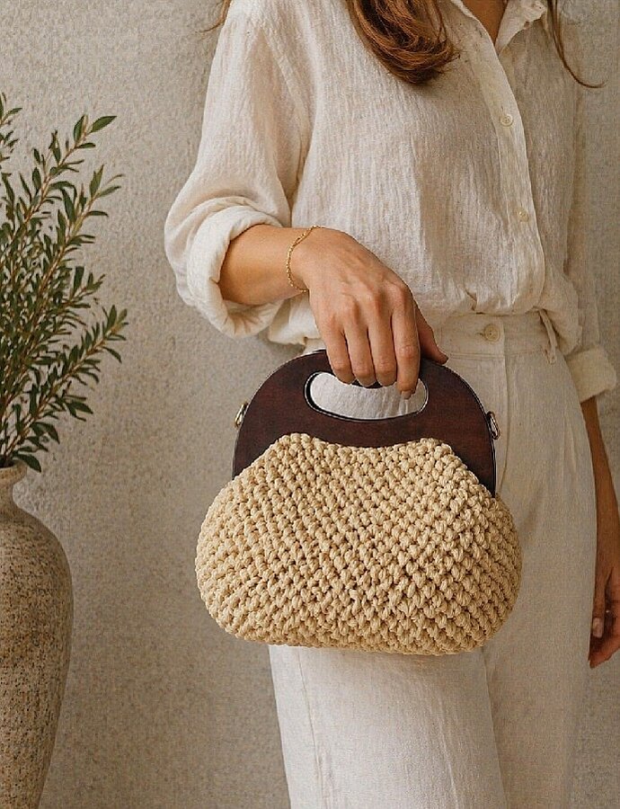 GORA,22 CM AHŞAP ÇANTA BURSU KAHVE - 4