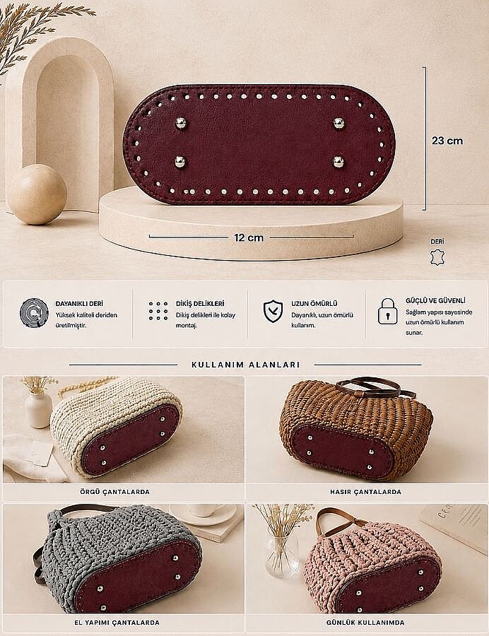 GORA,DERİ ÇANTA TABANI 10X23CM BORDO - 3