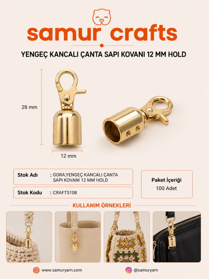 GORA,YENGEÇ KANCALI ÇANTA SAPI KOVANI 12 MM GOLD - 