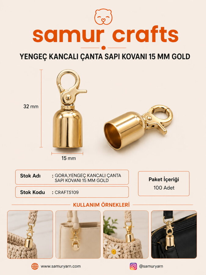 GORA,YENGEÇ KANCALI ÇANTA SAPI KOVANI 15 MM GOLD - 