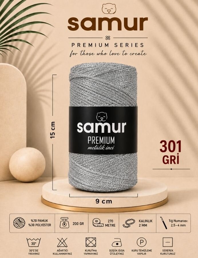 SAMUR,İNCİ METALİK COTTON 301 GRİ - SAMUR