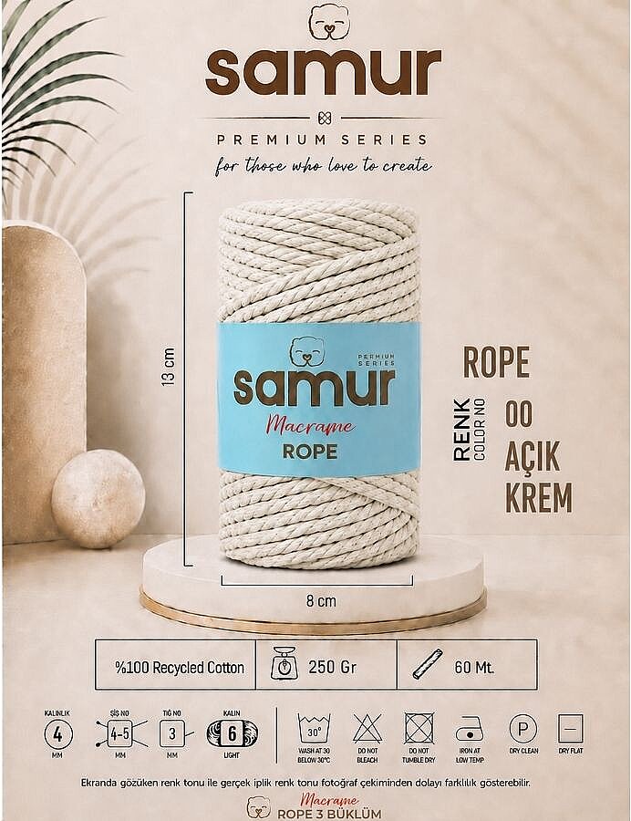 SAMUR,ROPE 3 BÜKÜM MAKROME 00 AÇIK KREM - SAMUR