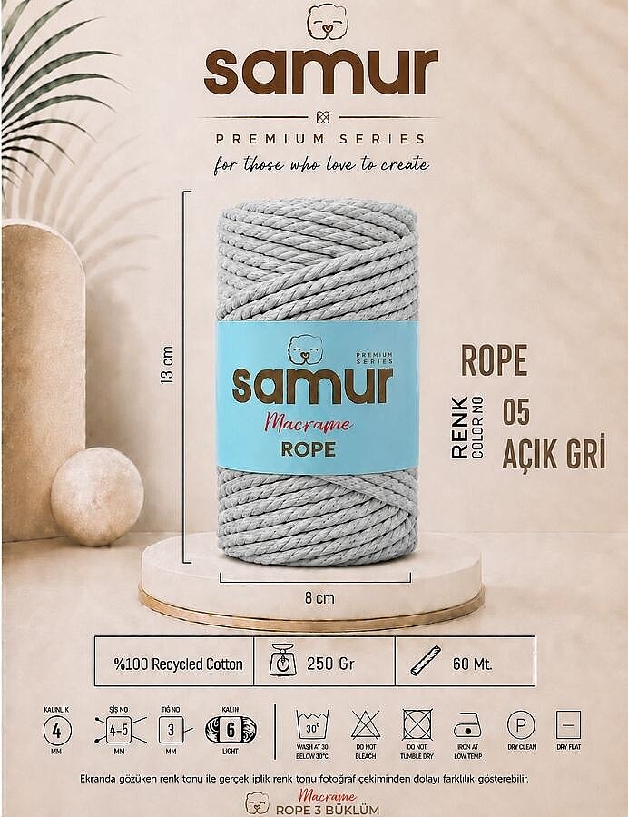 SAMUR,ROPE 3 BÜKÜM MAKROME 05 AÇIK GRİ - SAMUR