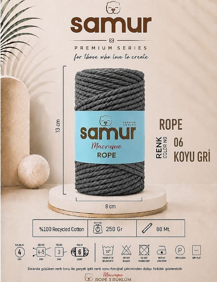 SAMUR,ROPE 3 BÜKÜM MAKROME 06 KOYU GRİ - SAMUR