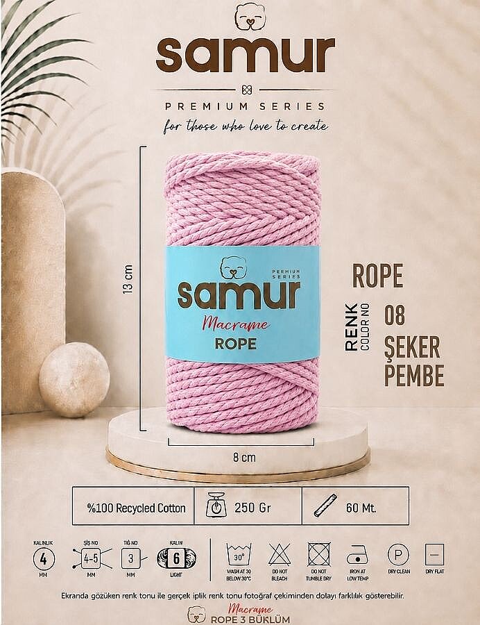 SAMUR,ROPE 3 BÜKÜM MAKROME 08 ŞEKER PEMBE - SAMUR