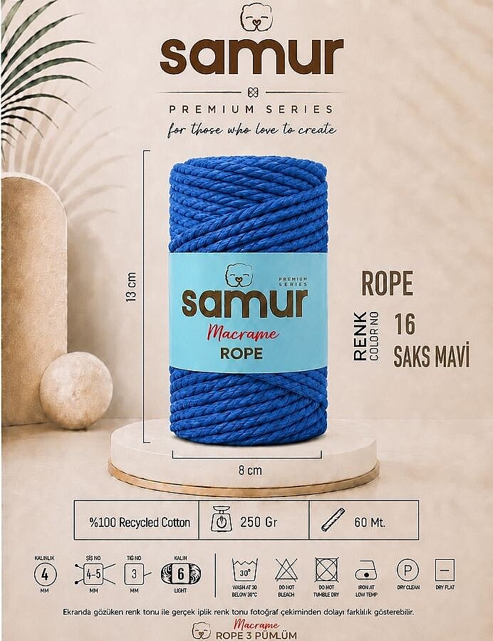 SAMUR,ROPE 3 BÜKÜM MAKROME 16 SAKS MAVİ - SAMUR