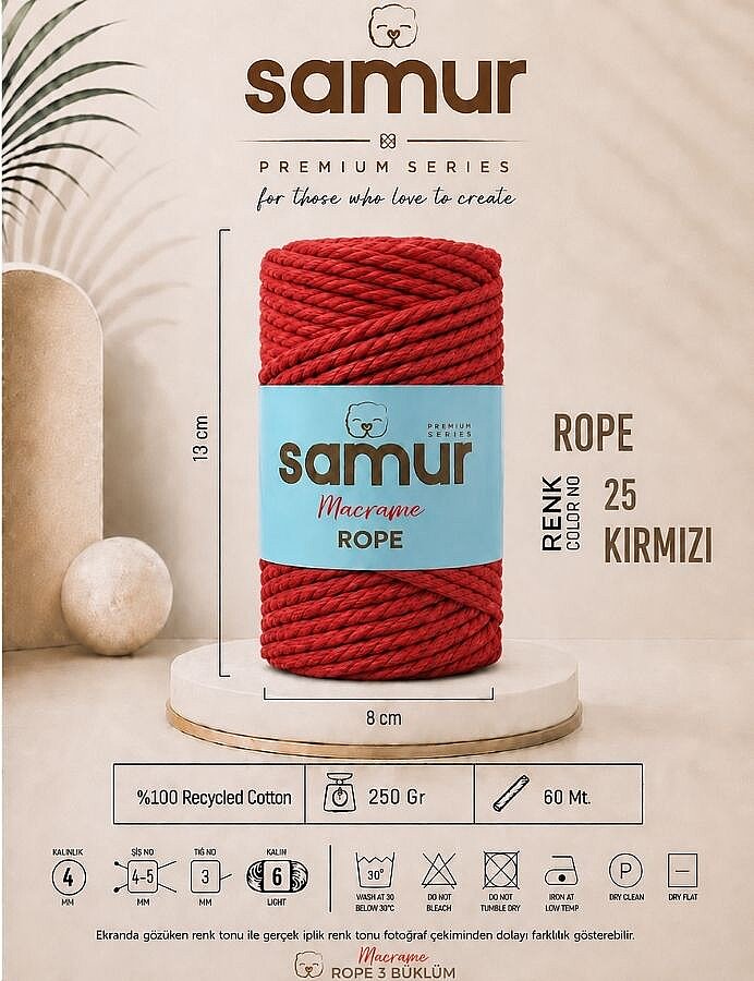 SAMUR,ROPE 3 BÜKÜM MAKROME 25 KIRMIZI - 1