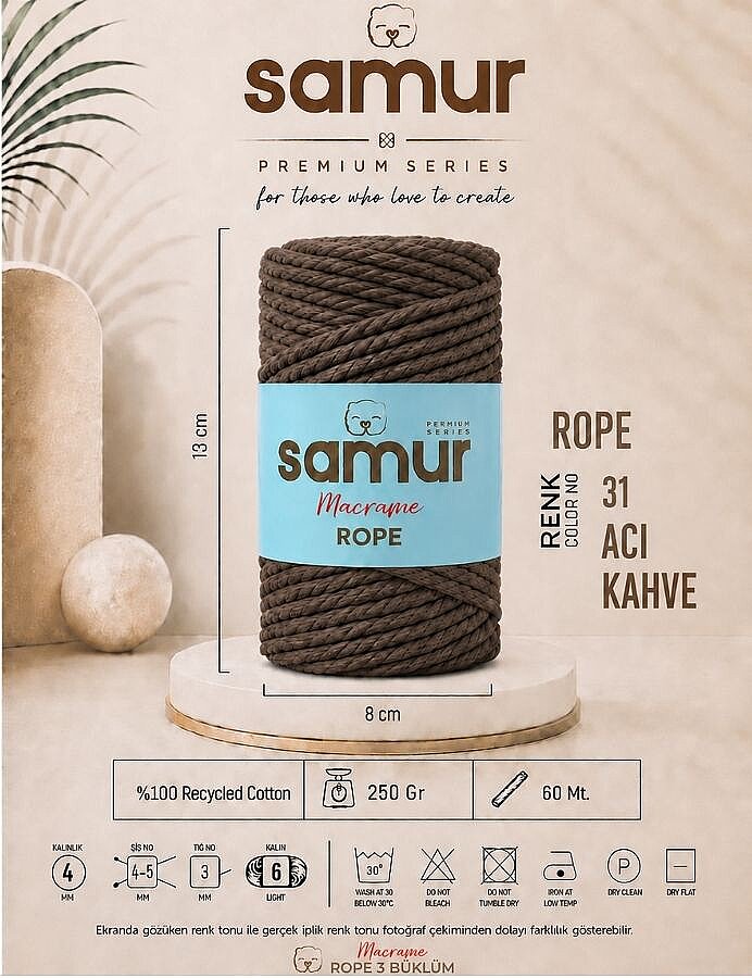 SAMUR,ROPE 3 BÜKÜM MAKROME 31 ACI KAHVE - SAMUR