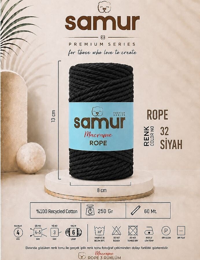 SAMUR,ROPE 3 BÜKÜM MAKROME 32 SİYAH - SAMUR